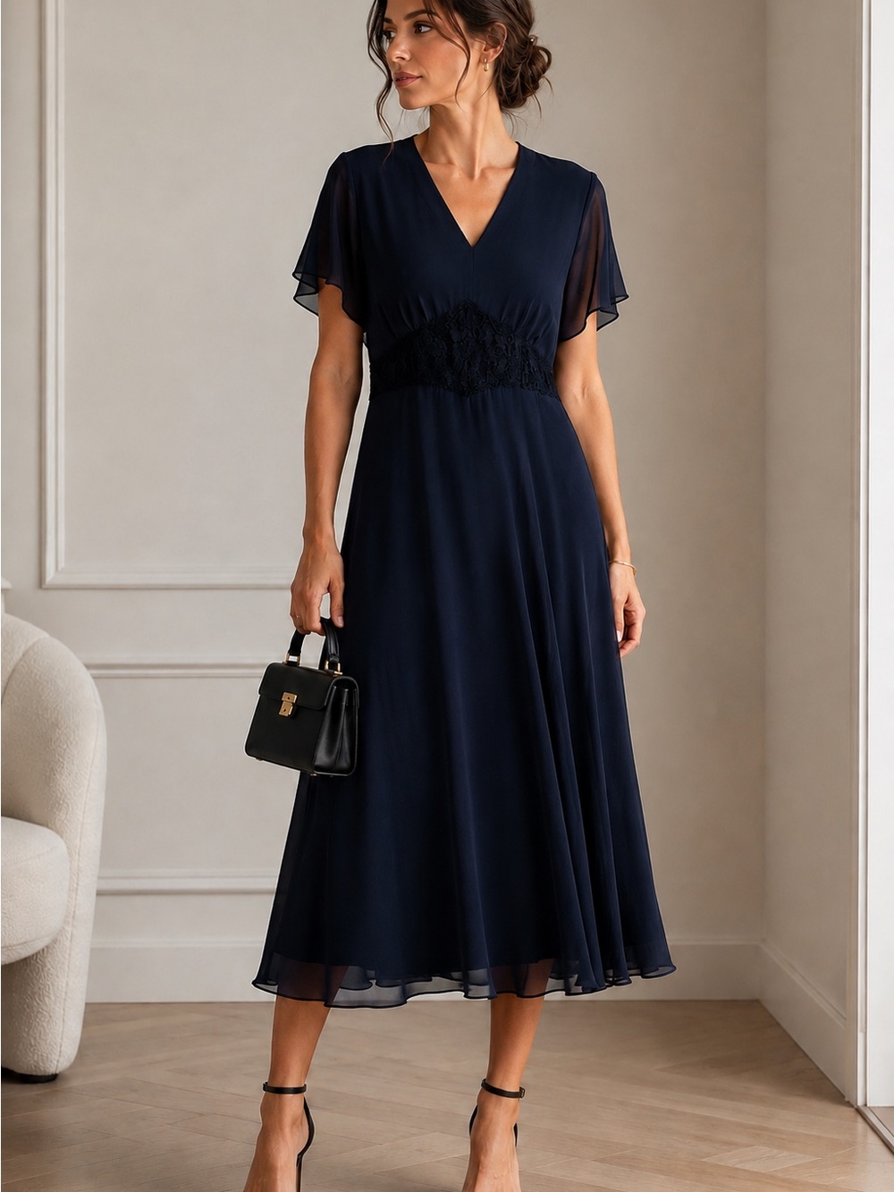 NWOT Navy Midi Dress with Lace-Trim Waist